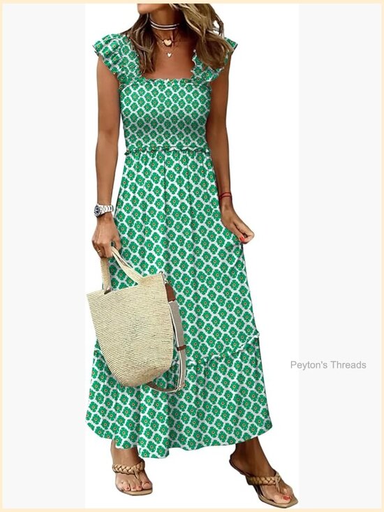 Dresses & Skirts - Sleeveless Maxi Dress Square Neck Smocked Boho Ruffle Strap Flowy A-Line Long